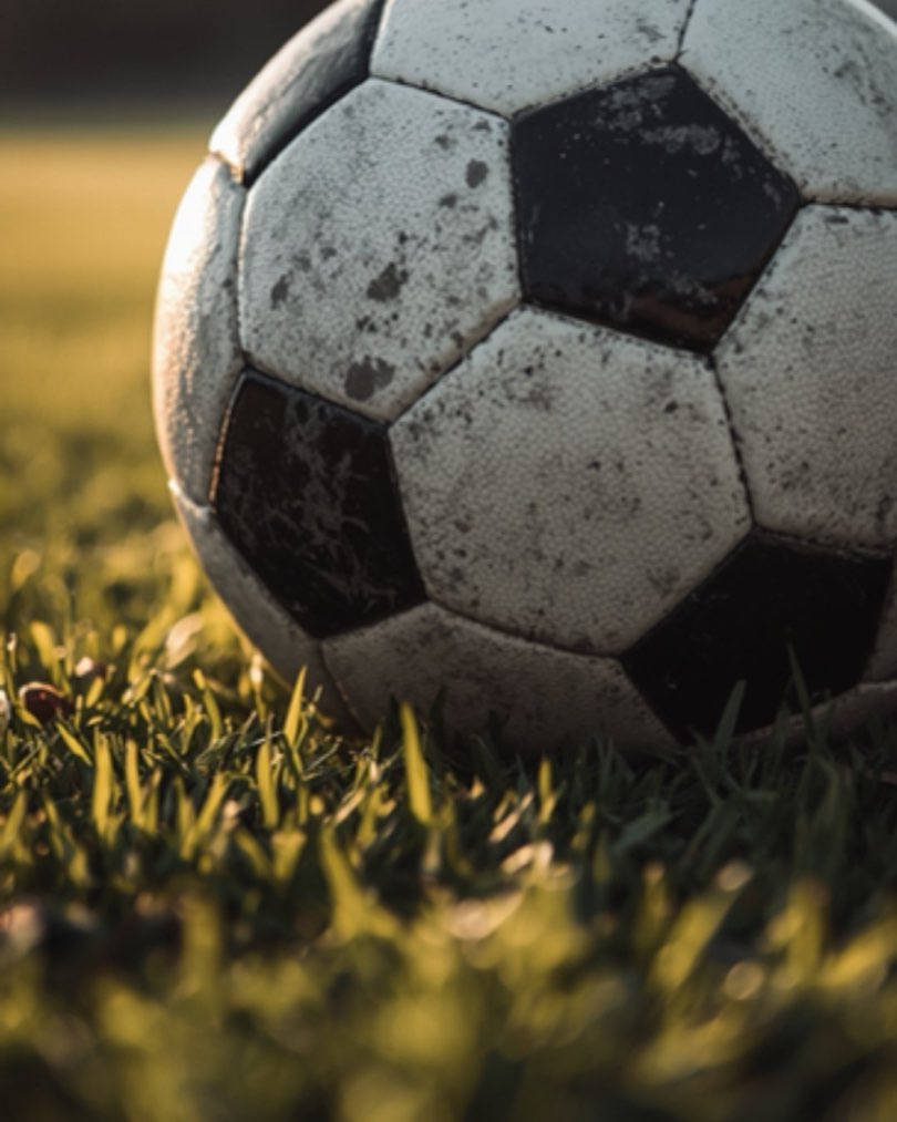 Nahaufnahme eines gebrauchten Fußballs im Rasen in der Abendsonne