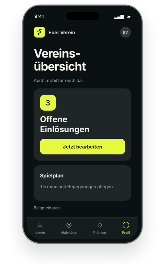 Entwurfsansicht mit Beispieldaten: fanare auf dem Smartphone, mit Einlösungen und Spielplan.
