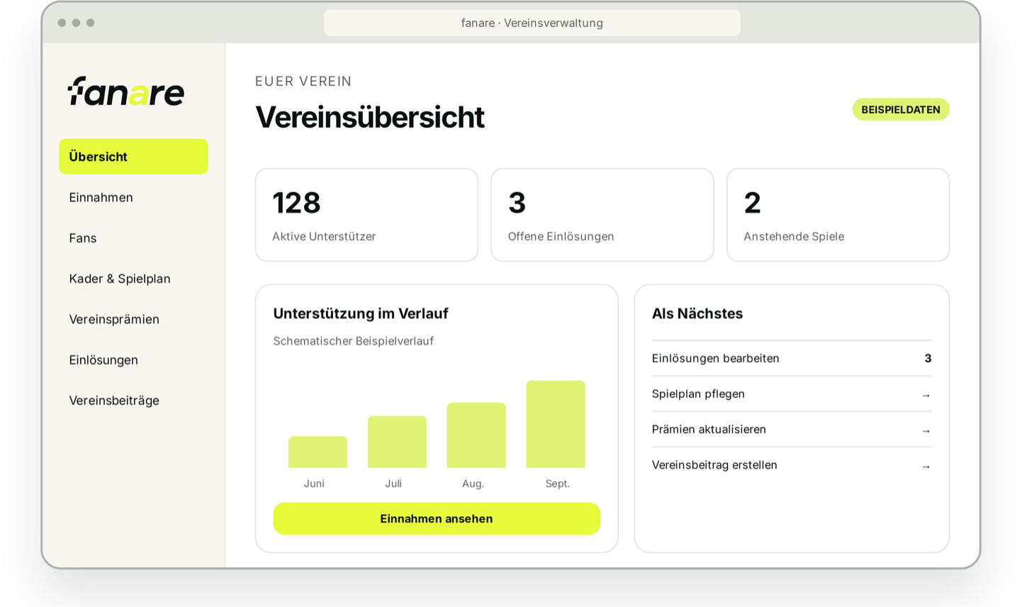 Entwurfsansicht mit Beispieldaten: fanare am Rechner, mit Übersicht über Unterstützer, Einlösungen und anstehende Spiele.
